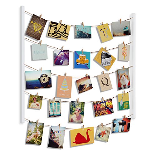 Umbra Hangit Photo Display - DIY Picture Frames Collage Set Includes Picture Hanging Wire Twine Cords, Natural Wood Wall Mounts and Clothespin Clips for Hanging Photos, Prints and Artwork (White)