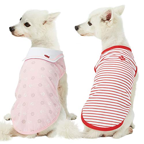 Blueberry Pet Soft & Comfy Summer Vacation Beach Cotton Dog T-Shirts, 2 Pack, Sea Lover Girl Power Shirts Tank Top Clothes, Back Length 12", for Small Medium Dogs