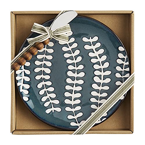 Mud Pie Painted Leaf Cheese Set, plate 8 1/2" dia | spreader 6", Blue