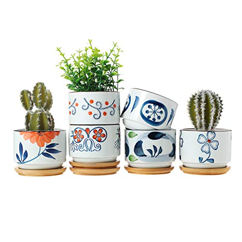 T4U 3 Inch Ceramic Succulent Planter Pots with Bamboo Tray Set of 6, Japanese Style Porcelain Handicraft as Gift for Mom Sister Aunt Best for Home Office Restaurant Table Desk Window Sill Decoration