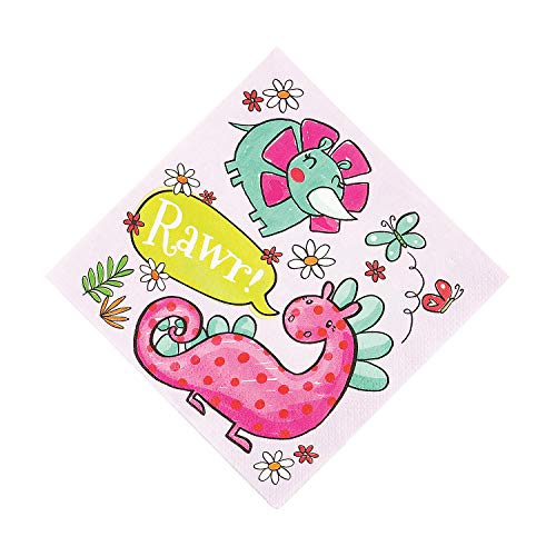 Fun Express Girl Dinosaur Cute-O-Saurus Luncheon Napkins - Birthday Party Supplies - 16 Pieces