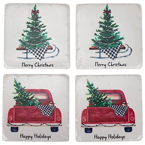 Ganz CX175891 Holiday Tree and Truck Coaster with Text, 4-inch Square, Set of 4,