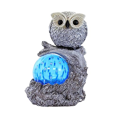 Roman LED Solar Pudgy Pals Garden Statue, Resin, Outdoor Decoration (Owl, 9.75-inch Height)