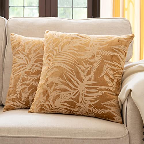 La Jol√≠e Muse Decorative Pillow Cover Set of 2, Mustard Yellow, 20 x 20 Inch Square Leafy Patterned Velveteen Cushion Covers with Invisible Zipper, Pillow Covers for Home Decor Couch Sofa Car