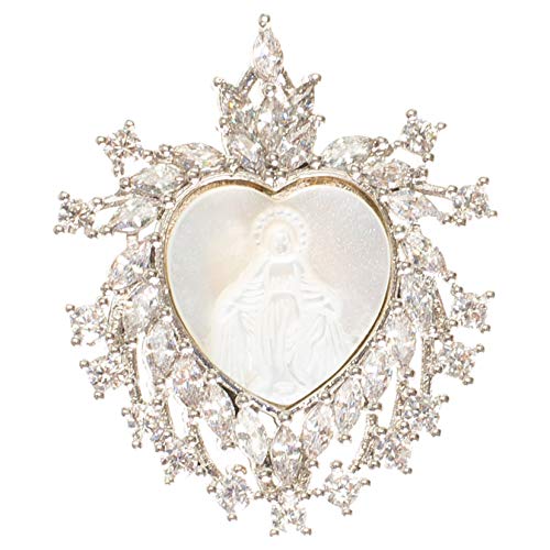 Roman Our Lady of Grace Heart Silver Tone 1 x 1 Brass and Glass Brooch Pin Pendant