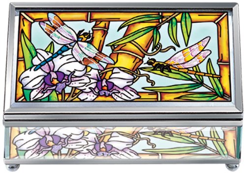 Amia Beveled Glass Rectangular Jewelry Box, Hand Painted Dragonfly Design, 5-Inch by 2-Inch by 3-Inch