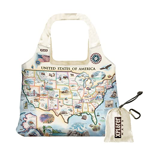 Xplorer Maps United States of America Map Pouch Tote with Handles - Grocery Shopping Bag - Reusable & Eco-friendly - Foldable Nylon - Heavy Duty Fits in Pocket - 18x25