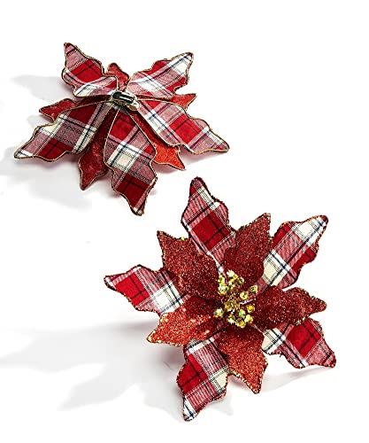 Giftcraft 662969 Christmas Plaid Poinsettia Ornament with Clip, 2 inch, Iron Wire