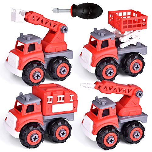 FUN LITTLE TOYS 4 Packs Take Apart Trucks Construction Set, 4 in 1 Fire Truck for Kids 3,4,5,6,7 Years Old, Birthday Gifts for Girls Boys Building Kit