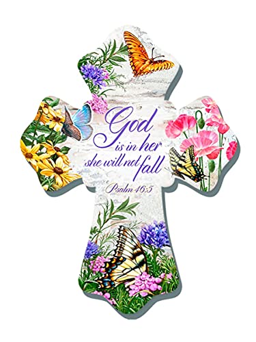 GELSINGER DBA Glow Decor Wall Cross-Butterflies/God is in Her She Will Not Fall (6" x 8")