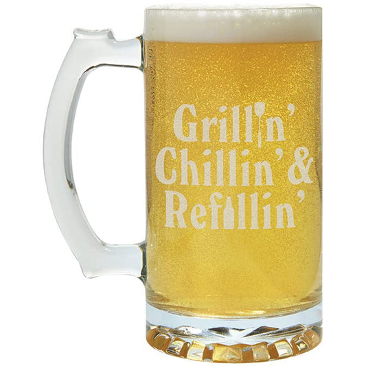 Carson Home Grillin' Chillin' and Refillin' Beer Mug, 7.25-inch Height, Holds 26.5 oz., Glass