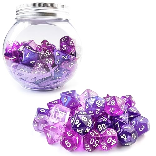Bescon Dice 35pcs Polyhedral RPG Dice Amethysts Set, DND Role Playing Game Dice Purple Sets 5X7pcs