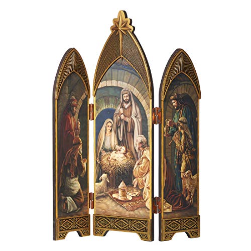 Joseph's Studio by Roman - Faux Oil Paint Nativity Triptych, Holy Family with Shepherds and Three Kings, Tri-Fold with Gold Relief Applique Trim, 28" H, MDF