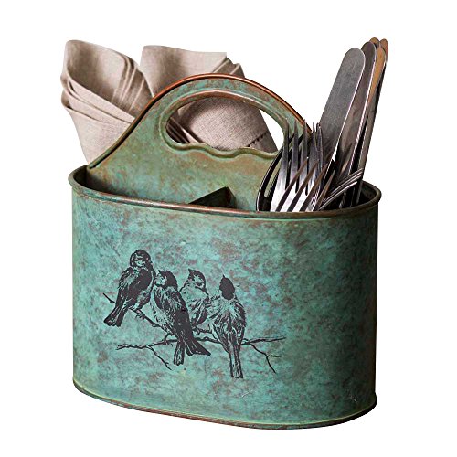 CTW Colonial Tin Works Songbirds Metal Divided Kitchen Caddy green