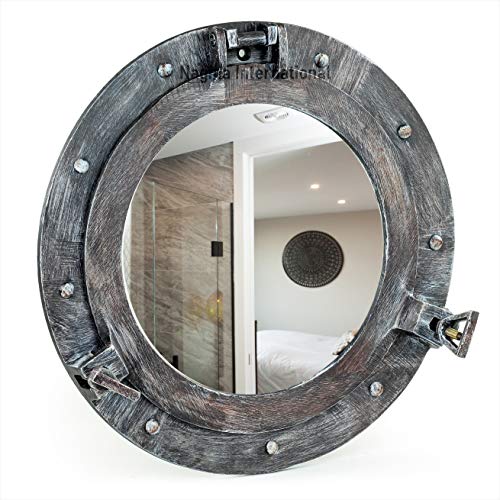 12" Rustic Black Grey Porthole Window | Vintage Ship Decor Mirror | Pirate Gift | Nagina International