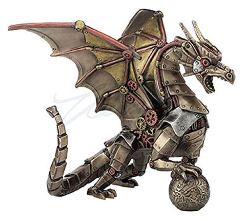 Unicorn Studio Steampunk Mechanical Gear Dragon Sitting Holding Sphere Statue Sculpture Bronze