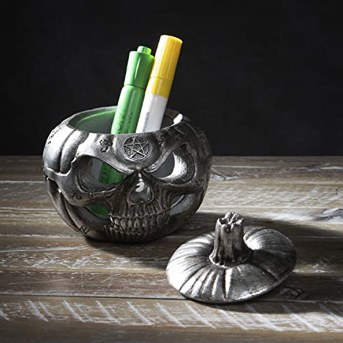 Pacific Trading Antique Silver Finish Skull Face Pumpkin Pot with Lid