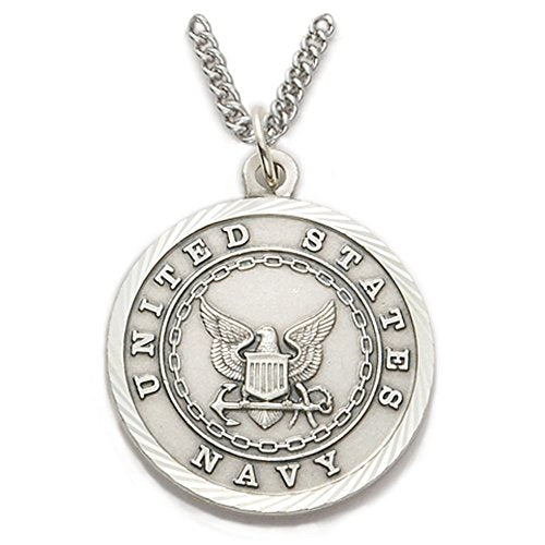 True Faith Jewelry Sterling Silver United States Navy Service Medal with St Michael Patron Saint Archangel Pendant Necklace, 1 Inch