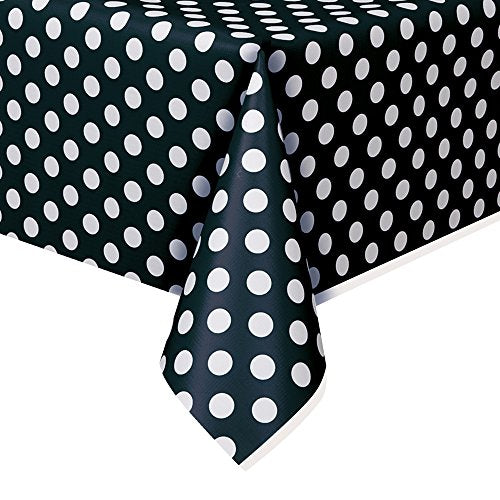 Unique Industries Polka Dot Plastic Tablecloth, 108" x 54", Black