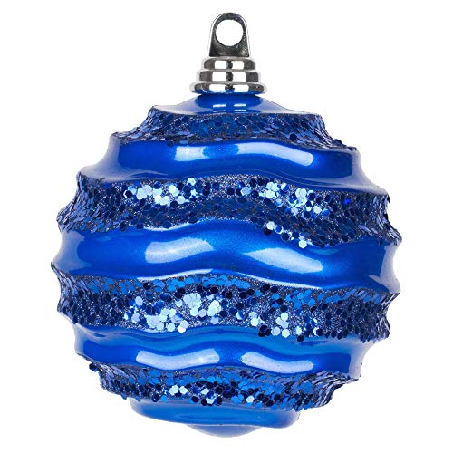 Vickerman 6" Christmas Ornament Wave Ball, Blue Stripe Candy Finish With Glitter Accents, Shatterproof Plastic, Holiday Christmas Tree Decoration