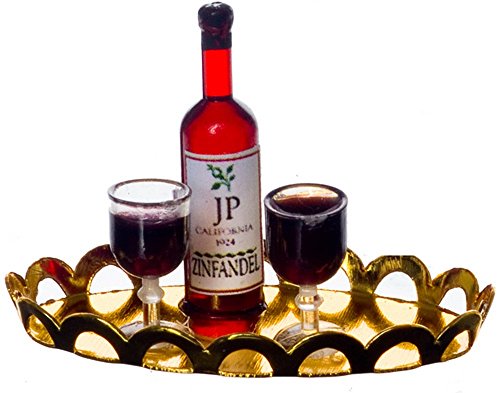Aztec Imports 1:12 Scale RED Wine/2 Glasses/tray SET 
