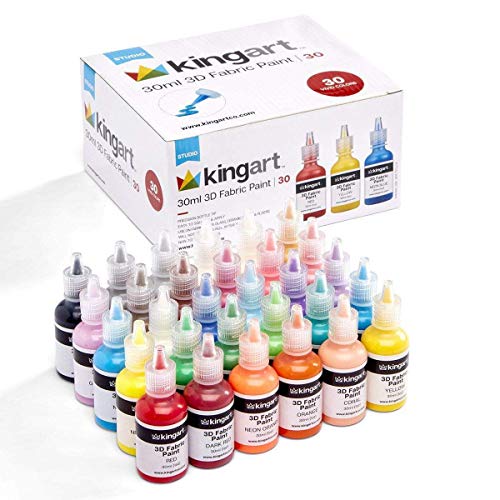 KINGART, 3D Permanent, 30 Unique & Vibrant Colors (Classic, Glitter, Metallic, Glow-in-Dark) Fabric Paint, Assorted Piece