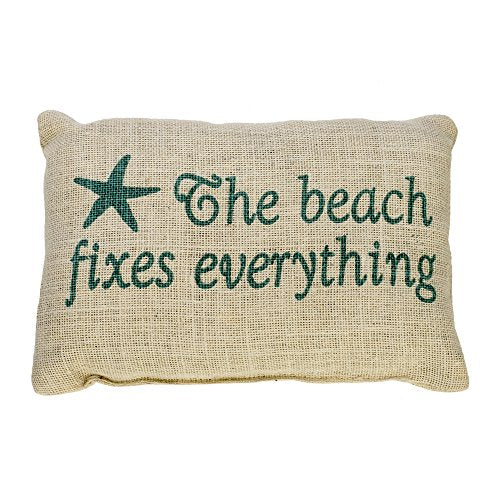 The Country House Collection The Beach Fixes Everything - Burlap Accent Pillow with Star Fish - Aqua Print on Light Burlap - 12-in x 8-in