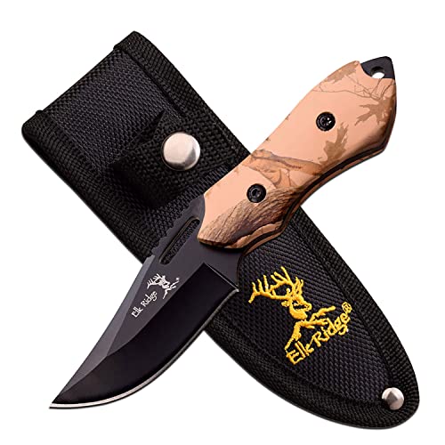 Master Cutlery Elk Ridge - Outdoors Fixed Blade Knife - 6-in Overall, 3-in Black Stainless Steel Blade, Camo Coated Wood Handle, 1680D Nylon Sheath - Hunting, Camping, Survival - ER-562BC