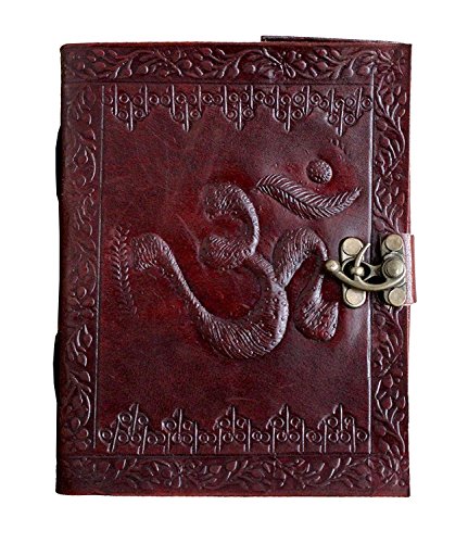 Tuzech Leather Journal Large Writing Notebook - Handmade Leather Bound Vintage Journal For Women and Men with with Lock And Embossed OM Gift For Art Sketchbook, Travel Diary And Notebooks To Write In 7 by 5 Inches