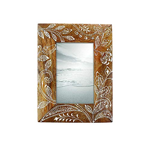 Foreside Home and Garden Natural 4 x 6 inch Floral Pattern Decorative Wood Picture Frame, 4x6, Brown
