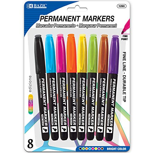 BAZIC Bright Color Fine Line Permanent Markers Pens Marcador, Coloring on Plastic Wood Glass, Art School Office (8/Pack), 1-Pack
