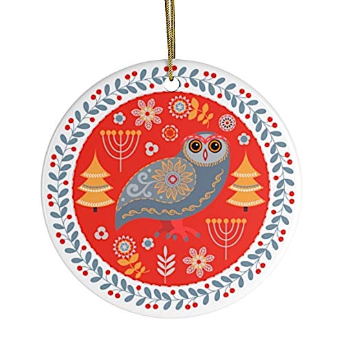 OrnamentallyYou Scandinavian Folk Themed Christmas Ornaments (Ethnic Folk Owl Christmas Ornament, Scandinavian Vintage Theme (Circle))