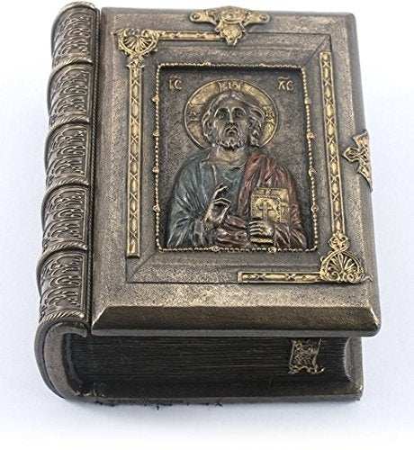 Unicorn Studio US 4.25 Inch Christ Pantocrator Book Shaped Trinket Box, Bronze Color