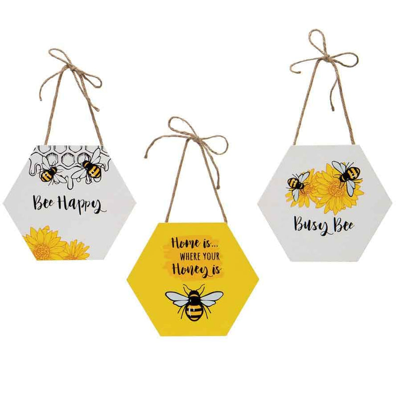 Meravic Wooden Hexagonal Bee Sintement Hanging Ornament, Set of 3, 8-inch Length, Yellow and White, Spring Season Decoration