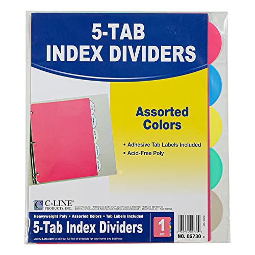 Pens C-Line Polypropylene Binder Index Dividers, One 5-Tab Set, Assorted Colors (05730)