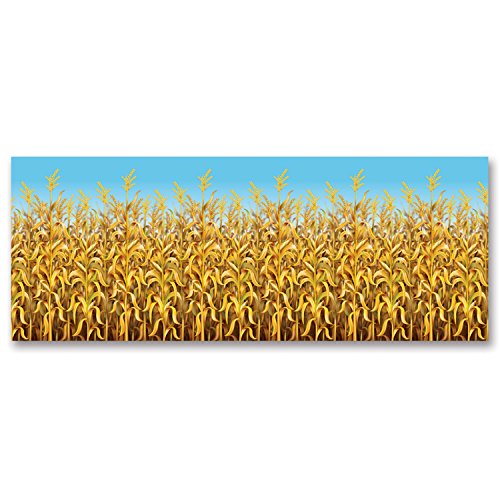 Beistle Cornstalks Plastic Wall Photography Backdrop Harvest Thanksgiving Decorations Fall Autumn Photo Booth Background, 4' x 30', Light Blue/Yellow/Brown