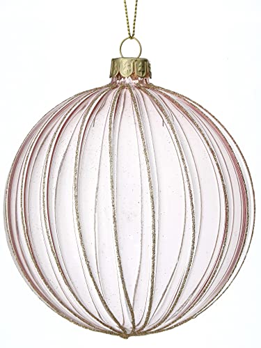 Regency International Glitter Ridge Ball Hanging Ornament, 4-inch Diameter, Clear Glass, Pink Champagne