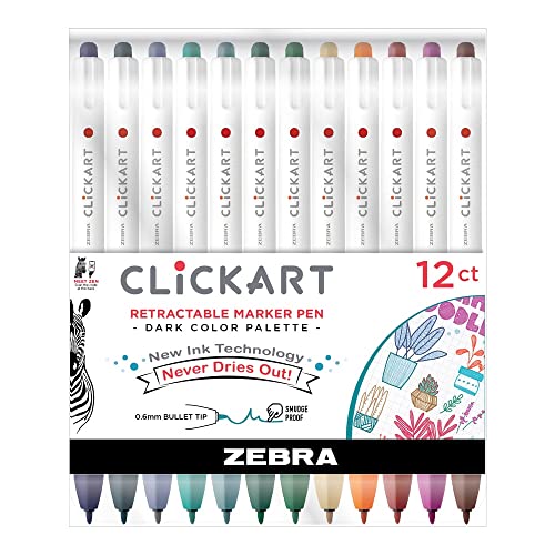 Zebra Pen ClickArt Retractable Marker Pen, Fine Point, 0.6mm, Assorted Light and Dark Ink Colors, 24-Pack
