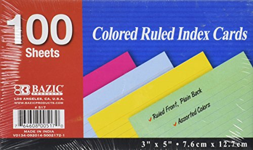 BAZIC 100 Ct. 3" X 5" Ruled Colored Index Card