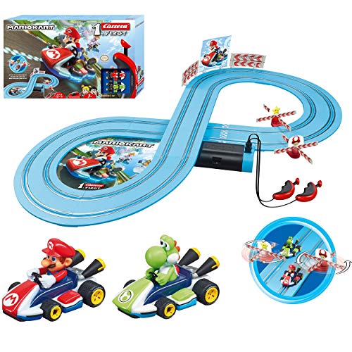 Carrera First Mario Kart - Slot Car Race Track With Spinners - Includes 2 Cars: Mario and Yoshi - Battery-Powered Beginner Racing Set for Kids Ages 3 Years and Up