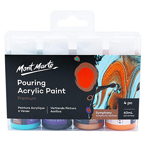Mont Marte Premium Pouring Acrylic Paint, Symphony, 4pc Set, 2oz (60ml) Bottles, Pre-Mixed Acrylic Paint, Suitable for a Variety of Surfaces Including Stretched Canvas, Wood, MDF and Air Drying Clay.