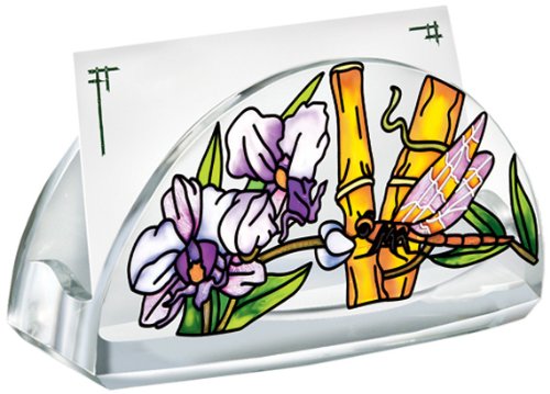 Amia Hand Painted Acrylic Business Card Holder Featuring a Dragonfly Design, 4-Inch