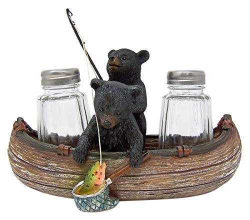 Fishing Black Bear Cubs in Canoe Salt and Pepper Shaker Holder, 6 1/2 Inch (Shakers Included)