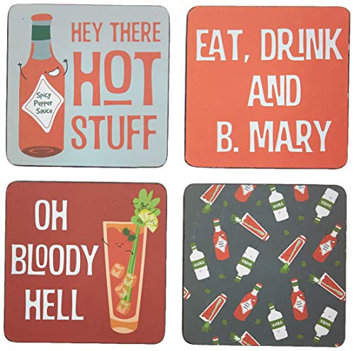 Pavilion Gift Company Bloody Mary Sentiment, Pattern and Character Holder 4" (4 Piece) Coaster Set with Box, 4 Inch Square, Multicolor