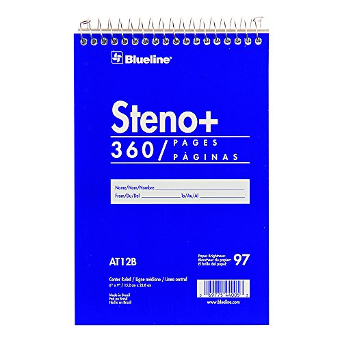 Rediform Blueline Steno Note Pad, Spiral Top Binding with Flexible Blue Cover, 6" x 9", 360 Pages (AT12B)