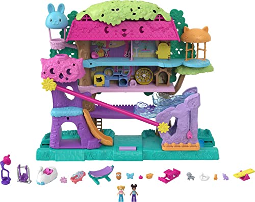 Mattel Polly Pocket Pollyville Pet Adventure Treehouse, 5 Floors, 15+ Play Pieces: 2 Dolls, Vehicle, 4 Animals & More, Great Gift for Ages 4 Years Old & Up