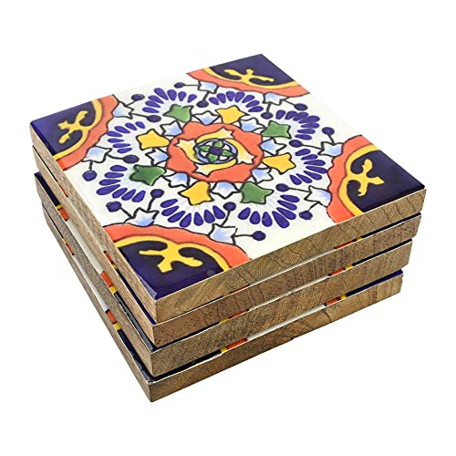 Boston Warehouse Orange Medalion Wood and Enamel Set of 4 Square Drink Coasters