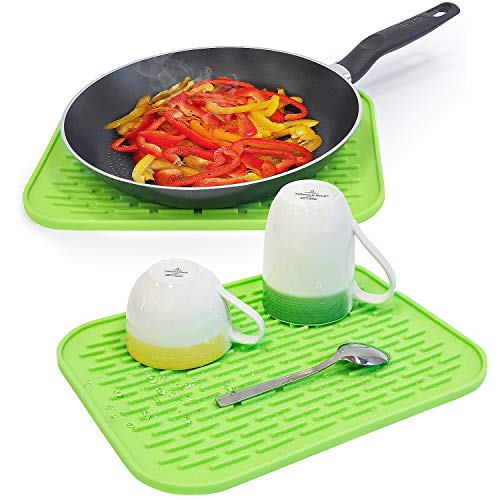 Tatkraft Hot Set of 2 Silicone Dish Drying Mats | 11.8 X 9.4 | Easy to Clean | Heat Resistant Silicone Trivet | Green