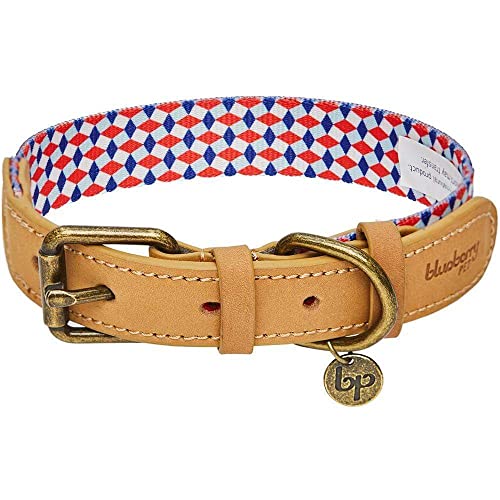 Blueberry Pet Multicolor Geometric Squares Genuine Leather & Polyester Combo Adjustable Dog Collar, Large, Neck 18"-22"