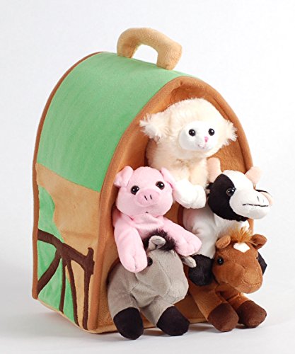 Unipak Plush Farm House with Animals- Five (5) Stuffed Farm Animals (Horse, Lamb, Cow, Pig, Grey Horse) in Play Farm House